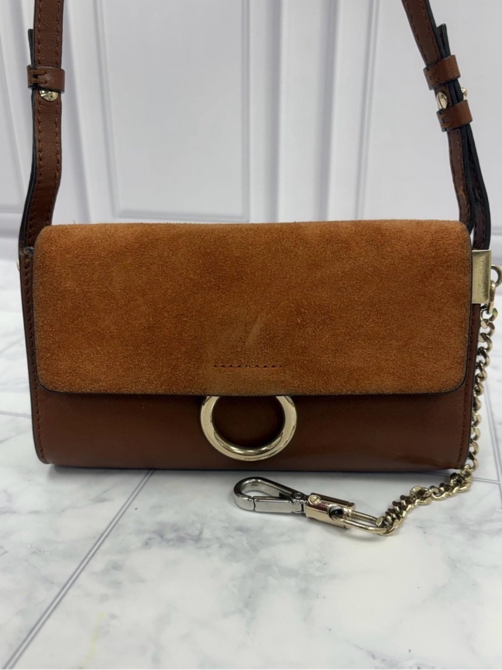 Chloé Small Faye Crossbody Bag Caramel Leather & Suede Gold Ring Chain w/coa